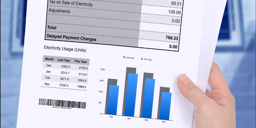 Commercial utility bill with power factor and kVA demand line items highlighted